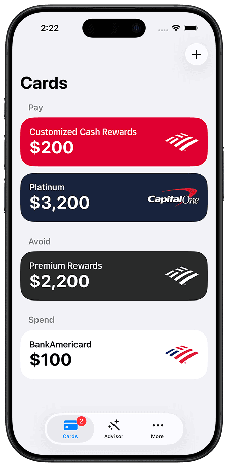 Screenshot of the Cardvisor app showing cards and their statuses